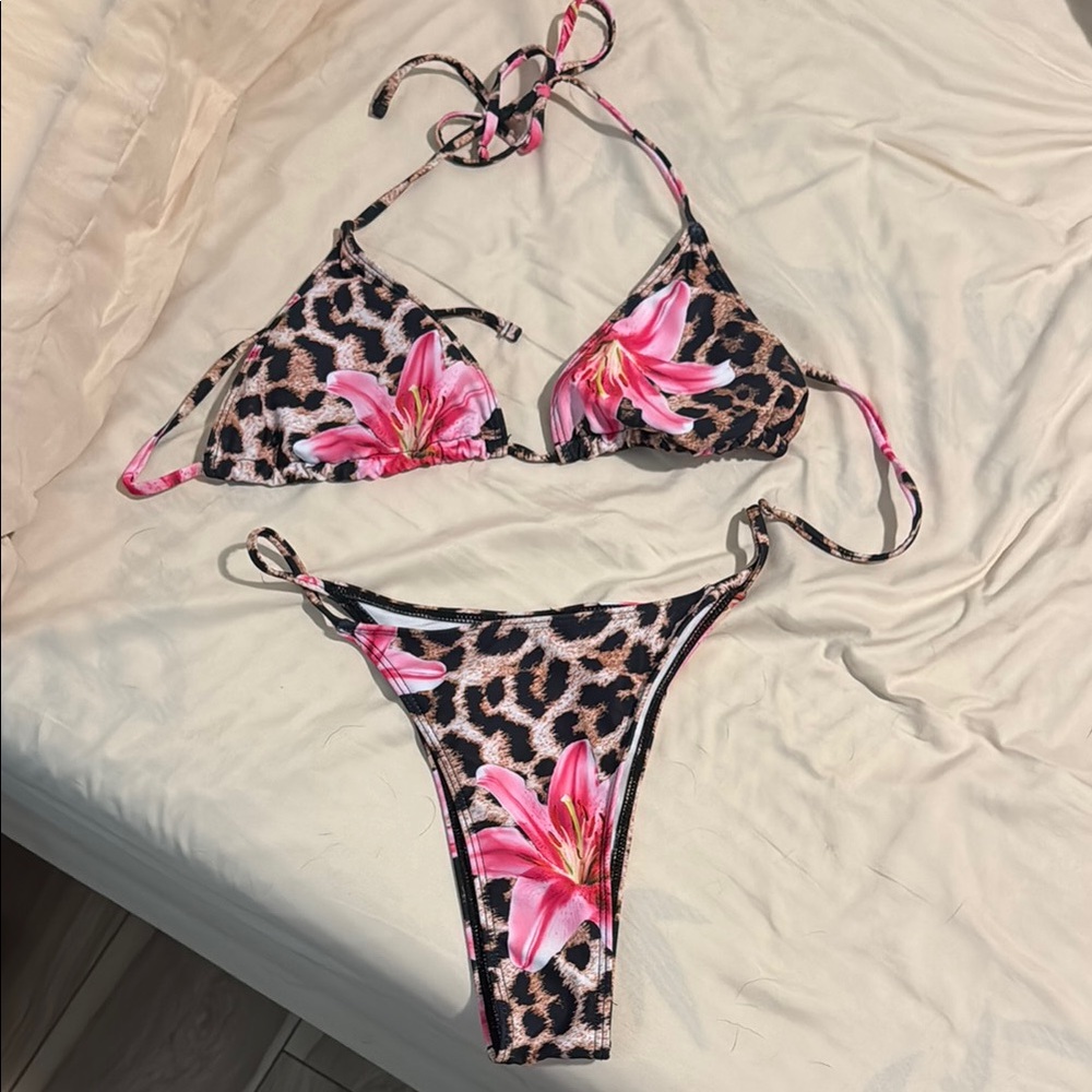 Leopard Print Bikini with Floral Accents